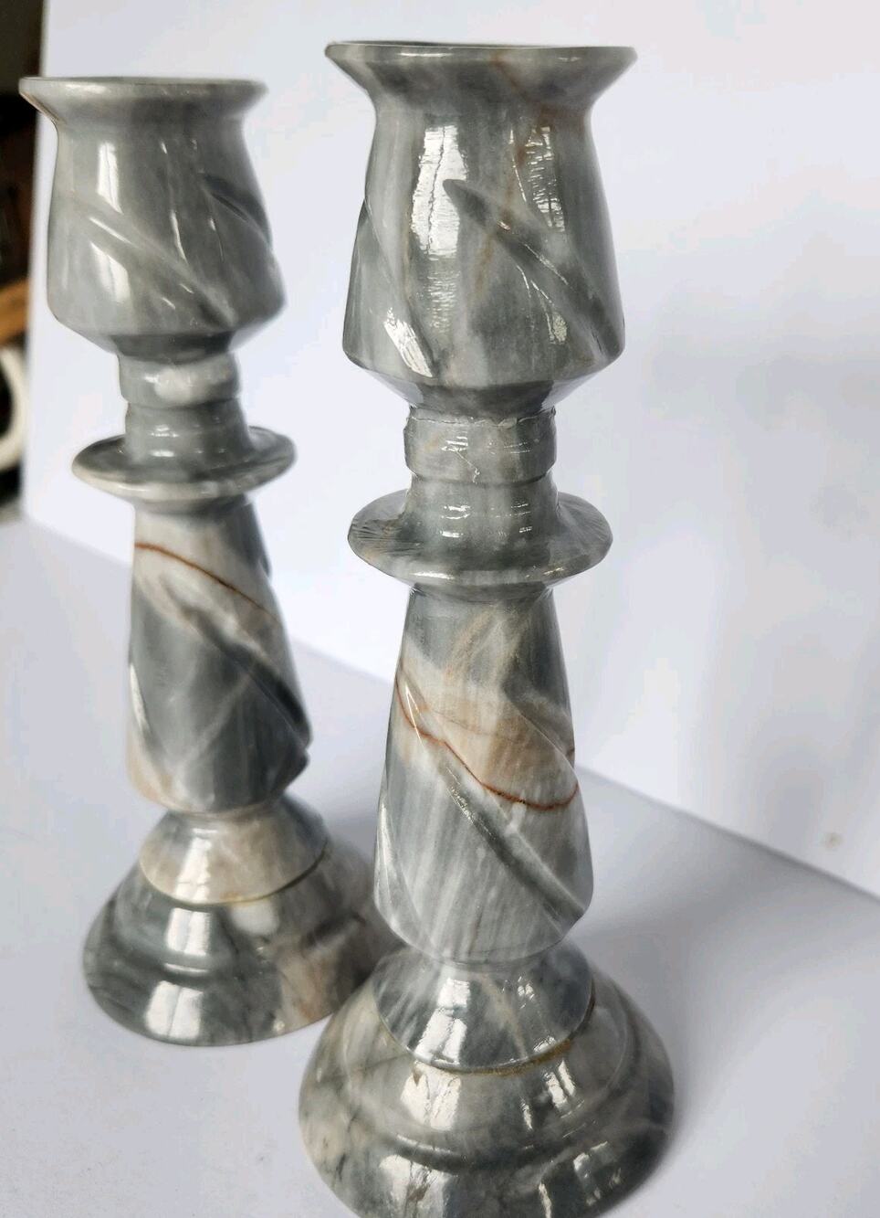 2 Gray & White Vein Marble 8” Candlesticks Candle Holders Vintage Pair